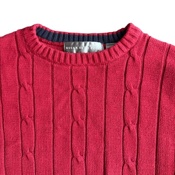 Oscar De La Renta Red Cable Knit Crewneck Sweater M 100% Cotton - Picture 2 of 4